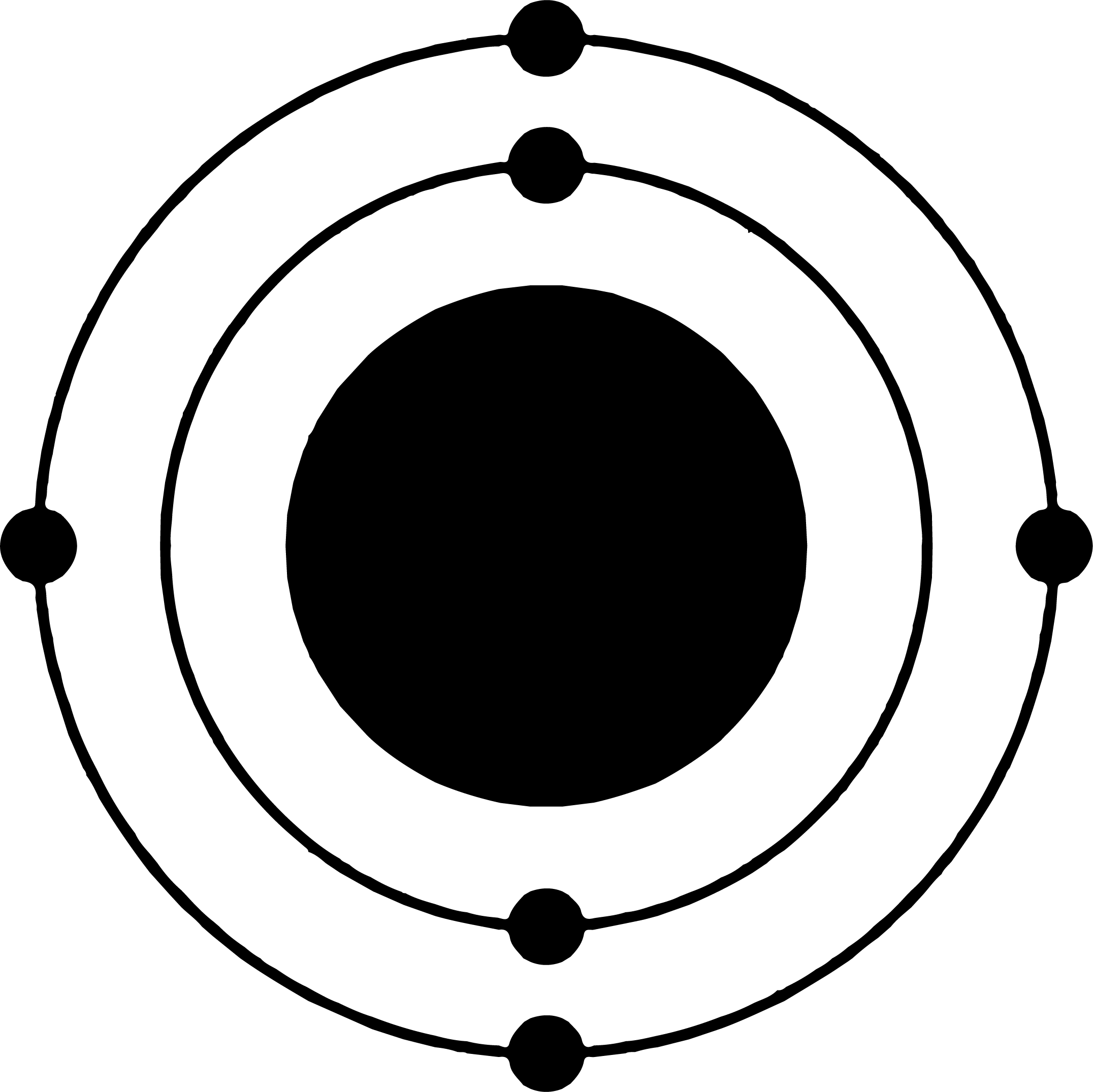 A drawing of a carbon atom represented as a large black circle on a white background surrounded by 2 thin black rings with 2 small black circles aligned vertically on the inner ring and 4 small black circles on the second ring. The small circles are evenly spaced on their rings.