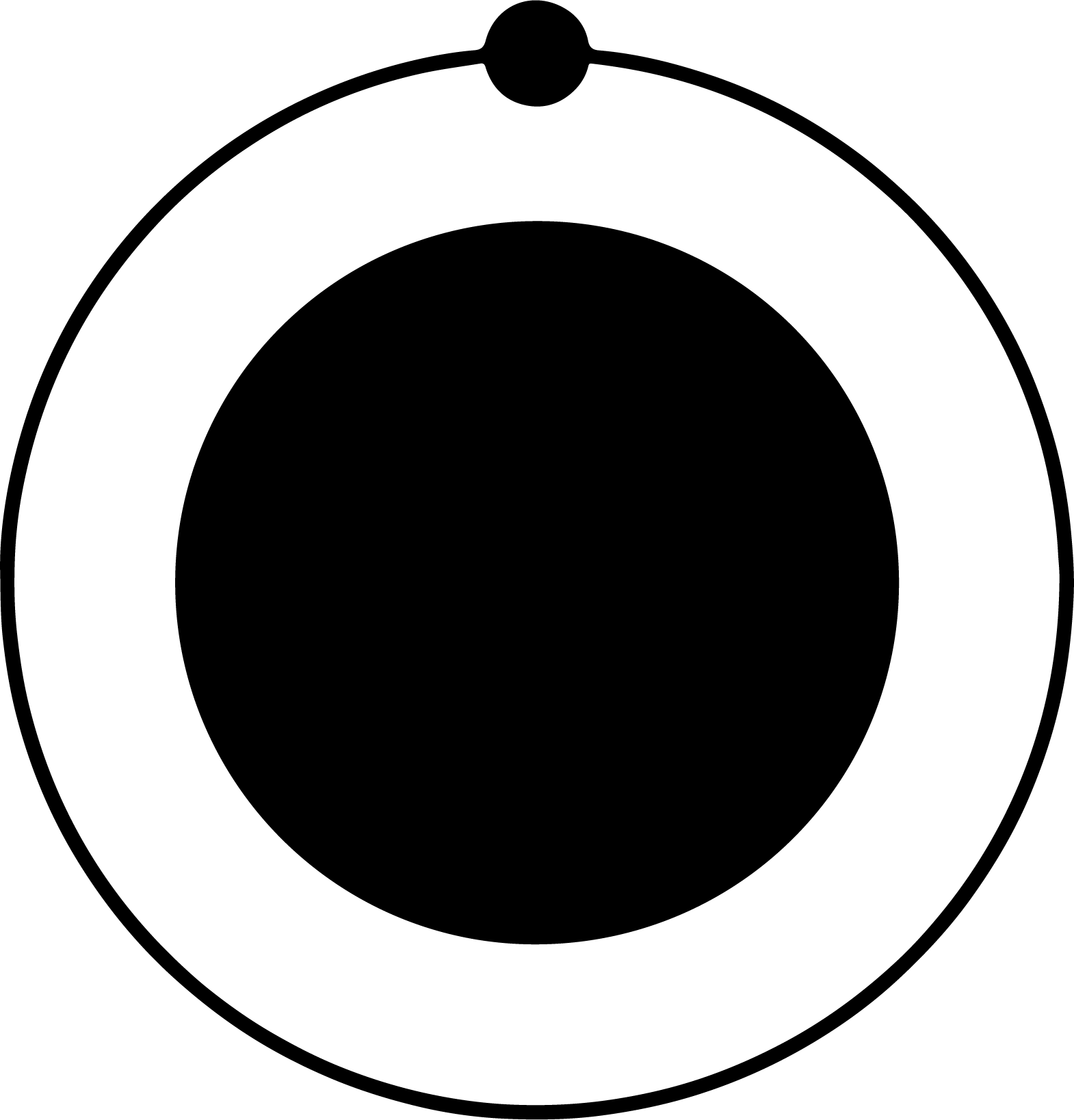 A drawing of a hydrogen atom represented as a large black circle on a white background surrounded by a thin black ring with a small black circle on it positioned directly above the large circle.