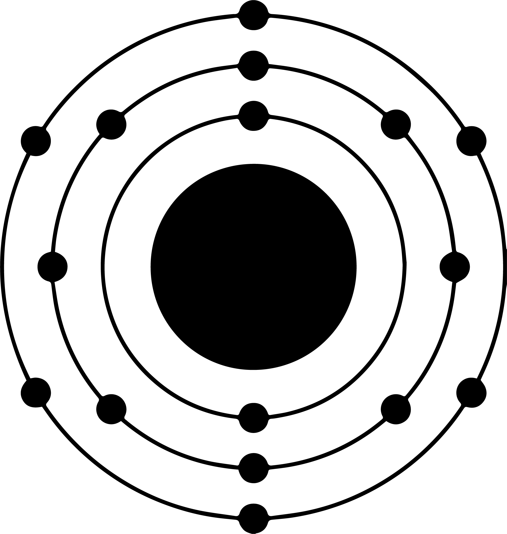 A drawing of a sulfur atom represented as a large black circle on a white background surrounded by 3 thin black rings with 2 small black circles aligned vertically on the inner ring, 8 small black circles on the second ring and 6 small black circles on the outer ring. The small circles are evenly spaced on their rings.