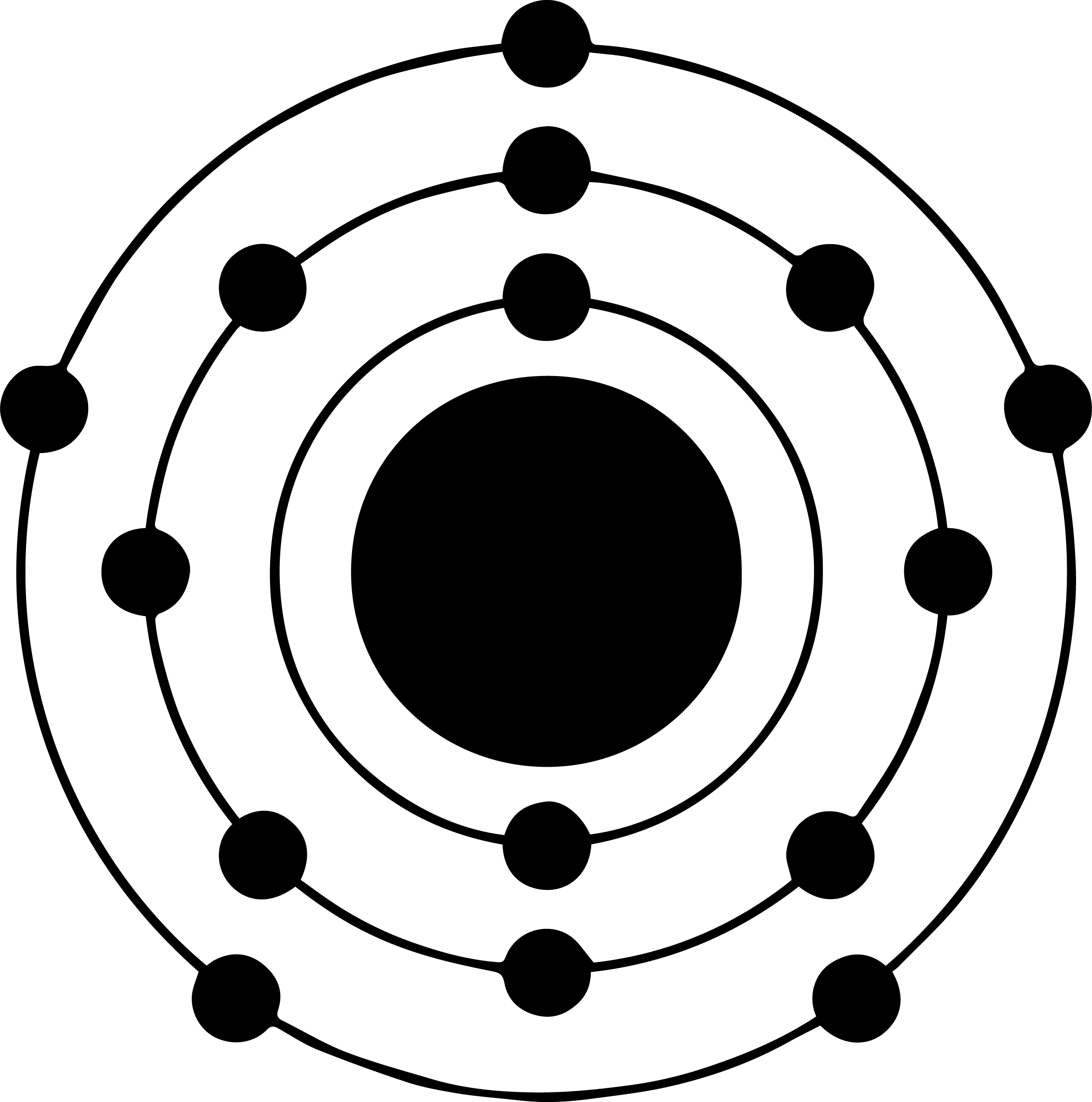 A drawing of a phosphorus atom represented as a large black circle on a white background surrounded by 3 thin black rings with 2 small black circles on the inner ring, 8 small black circles on the second ring and 5 small black circles on the outermost ring. All the small circles are evenly spaced on their rings.