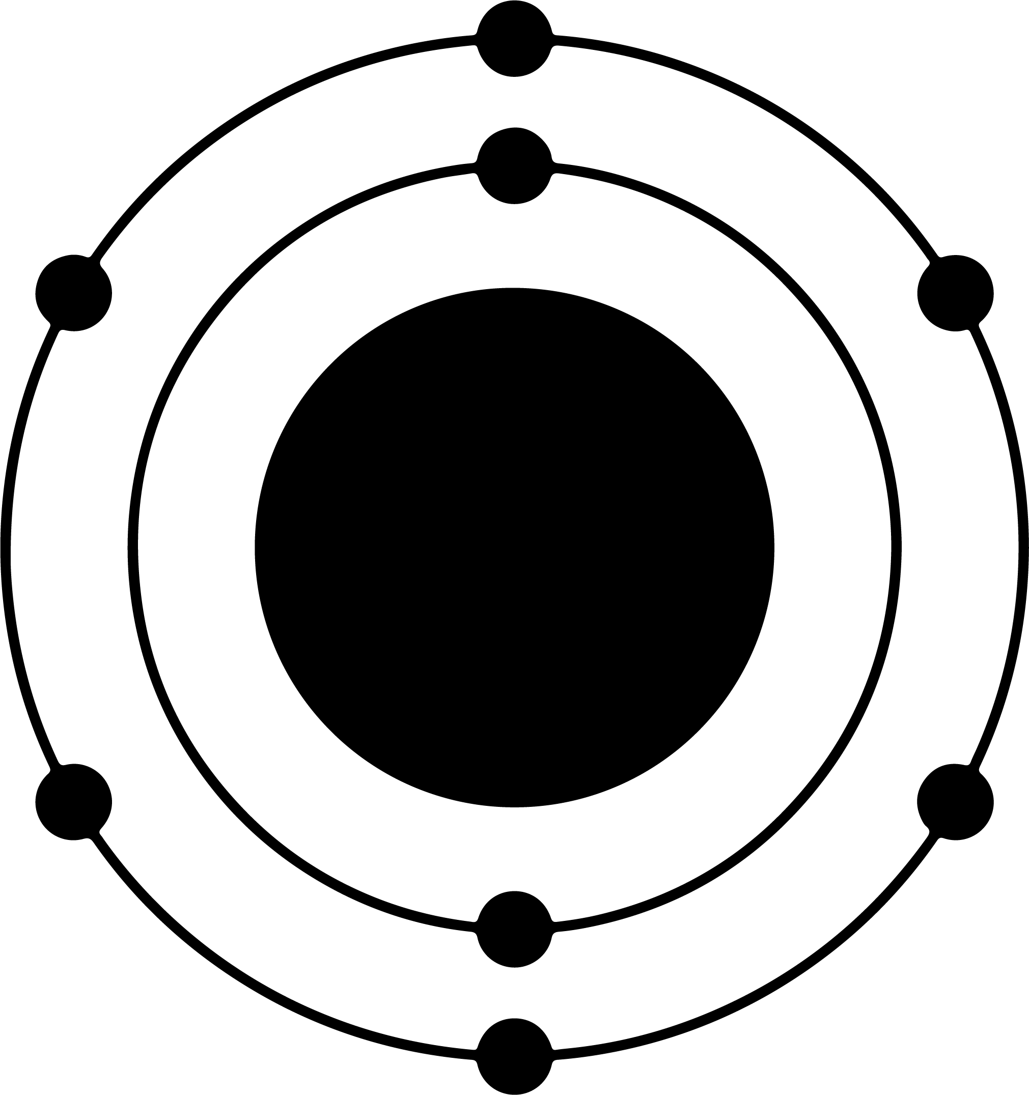 A drawing of an oxygen atom represented as a large black circle on a white background surrounded by 2 thin black rings with 2 small black circles aligned vertically on the inner ring and 6 small black circles on the second ring. The small circles are evenly spaced on their rings.