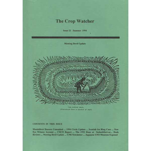 A photograph of the dull kelly green cover of 'The Crop Watcher'. Under the title it reads, 'Issue 22, Summer 1994' and below centered on the page is an illustration of a little devil character with a scythe making a crop circle, with the heading above, 'Mowing Devil Update'.