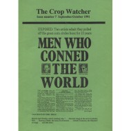 A photograph of the grass green cover of 'The Crop Watcher'. The other text is too small to read. Centered on the page is a photograph of a newspaper headline reading 'MEN WHO CONNED THE WORLD'.