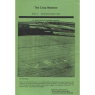 A photograph of the grass green cover of 'The Crop Watcher'. The other text is too small to read. Centered on the page is a photograph of what appears to be a vaguely snail shaped crop circle in a field.
