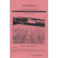 A photograph of the salmon cover of 'The Crop Watcher'. The other text is too small to read. Centered on the page is an aerial photograph of a crop circle bottom center on a field with other trees and fields in the background.