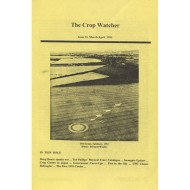 A photograph of the light yellow cover of 'The Crop Watcher'. The other text is too small to read. Centered on the page is a photograph of a field with a large crop circle with 4 smaller crop circles in a diagonal line beyond it.