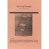 A photograph of the dull orange cover of 'The Crop Watcher'. The other text is too small to read. Centered on the page is a photograph of a field with 4 circular crop circles scattered with smaller details connecting them.